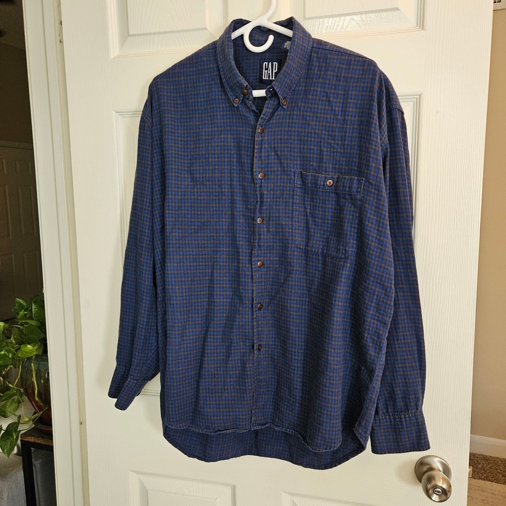 Vintage Gap Men L Plaid Flannel Button Down Shirt Blue Green 90s Grunge Indie - Picture 9 of 9